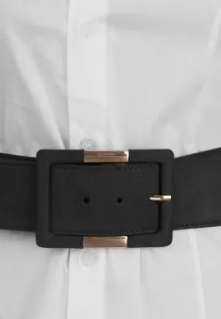 Curea elastica cu piele ecologica neagra si catarama dreptunghiulara cu decoratiune aurie imagine