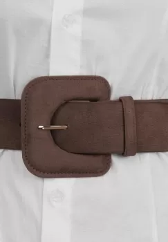 Curea elastica cu piele intoarsa ecologica maro si catarama dreptunghiulara cu colturi rotunjite imagine