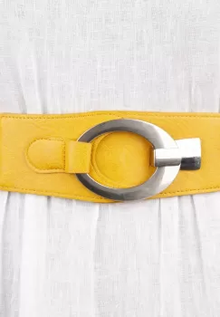 Curea elastica cu solzi din piele ecologica galbena de 6 cm latime cu catarama ovala argintie imagine