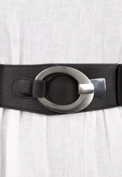 Curea elastica cu solzi din piele ecologica neagra de 6 cm latime cu catarama ovala argintie imagine