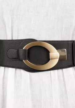 Curea elastica cu solzi din piele ecologica neagra de 6 cm latime cu catarama ovala aurie imagine