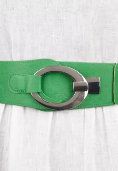 Curea elastica cu solzi din piele ecologica verde de 6 cm latime cu catarama ovala argintie imagine
