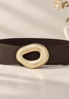 Curea elastica maro cu latime de 7 cm, catarama aurie imagine