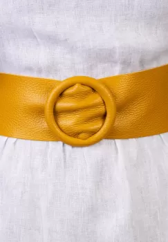 Curea galben mustar din piele naturala cu latime de 7 cm, catarama rotunda imbracata in piele imagine