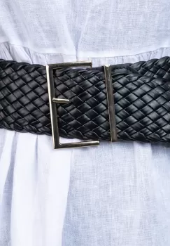 Curea impletita neagra de 7 cm, din piele ecologica cu catarama metalica argintie dreptunghiulara imagine