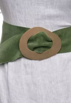 Curea kaki din piele intoarsa naturala cu latime de 8 cm, catarama aurie neregulata imagine