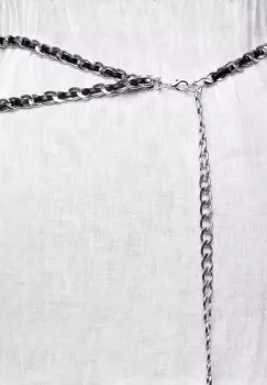 Curea lant dublu argintiu cu insertie din piele ecologica neagra si decoratiune banut la capat imagine