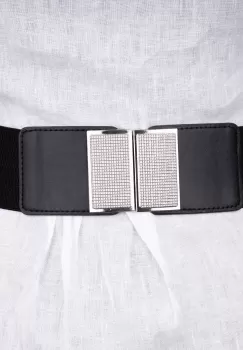 Curea lata 6 cm neagra din material elastic cu pafta metalica patrata argintie imagine
