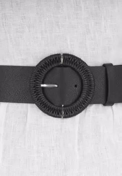 Curea lata neagra de 5 cm, din piele ecologica cu catarama metalica argintie imbracata in impletitura imagine