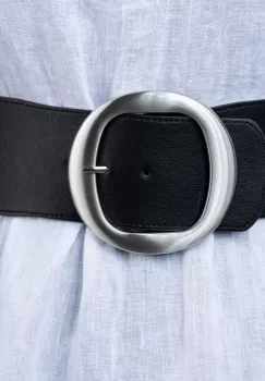 Curea lata neagra de 7.5 cm, din material elastic cu catarama metalica argintie rotunda imagine