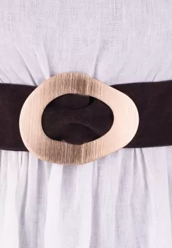 Curea maro inchis din piele intoarsa naturala cu latime de 8 cm, catarama aurie neregulata imagine