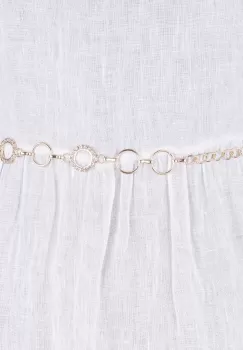 Curea metalica aurie cu cercuri si strasuri albe, flexibila cu lant de prelungire imagine