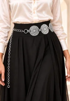 Curea metalica cu medalioane rotunde cu model oriental stilizat, argintie imagine