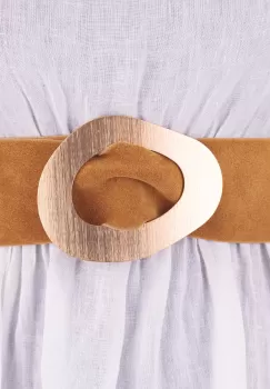 Curea mustar din piele intoarsa naturala cu latime de 8 cm, catarama aurie neregulata imagine