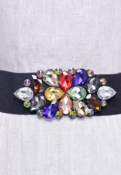 Curea neagra 6 cm latime din material elastic, cu decoratiune din sticla multicolora imagine