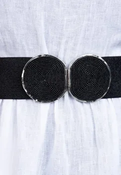 Curea neagra lata de 6 cm, din material elastic cu tesatura de lurex, catarama neagru cu argintiu imagine