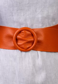 Curea portocalie din piele naturala cu latime de 7 cm, catarama rotunda imbracata in piele imagine