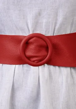 Curea rosie din piele naturala cu latime de 7 cm, catarama rotunda imbracata in piele imagine