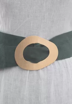 Curea verde inchis din piele intoarsa naturala cu latime de 8 cm, catarama aurie neregulata imagine