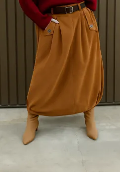 Fusta balon din catifea reiata cu curea si elastic lateral la baza, camel imagine