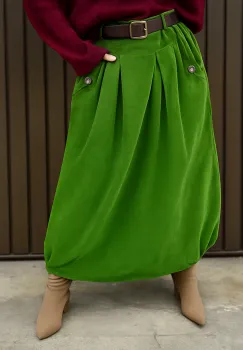 Fusta balon din catifea reiata cu curea si elastic lateral la baza, verde deschis imagine