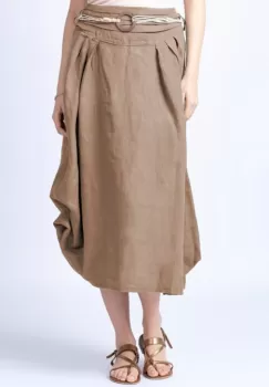 Fusta lunga camel cu poale prinse, din in, cu o curea fancy imagine