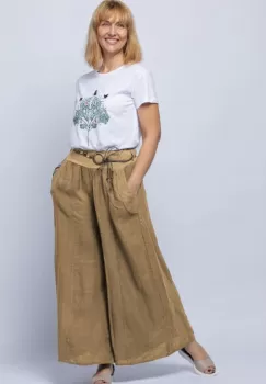 Fusta pantalon camel, casual, din in, cu o curea fancy imagine