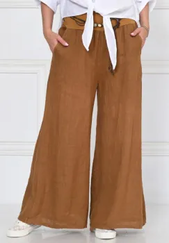 Fusta pantalon camel inchis, casual, din in, cu o curea fancy imagine