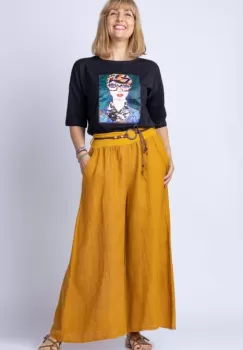 Fusta pantalon casual, mustar, din in, cu o curea fancy imagine