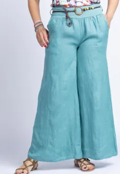 Fusta pantalon turcoaz aqua casual, din in, cu o curea fancy imagine