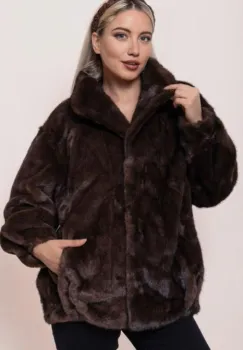 Geaca oversize din blanita artificiala, maro imagine