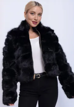 Geaca scurta din blana artificiala neagra, pufoasa si eleganta imagine