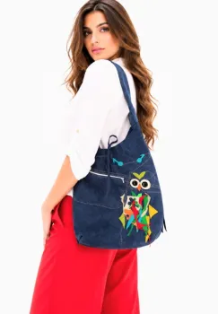 Geanta bleumarin ,cu note muzicale si bufnita multicolora ,din piele naturala intoarsa,unicat imagine