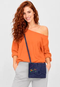 Geanta bleumarin handmade  cu pisicuta multicolora pictata ,din piele naturala intoarsa imagine