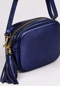 Geanta crossbody albastru indigo metalizat din piele naturala, cu ciucure din piele imagine