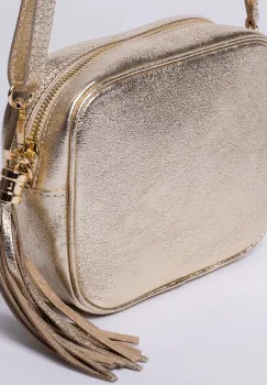 Geanta crossbody aurie inchis din piele naturala, cu ciucure din piele imagine