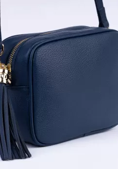 Geanta crossbody bleumarin din piele naturala, cu ciucure din piele imagine