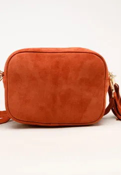 Geanta crossbody caramizie din piele intoarsa naturala, cu ciucure din piele imagine