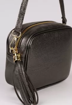 Geanta crossbody gri metalizat din piele naturala, cu ciucure din piele imagine