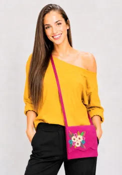 Geanta crossbody handmade, cu flori colorate  ,din piele naturala fuchsia imagine