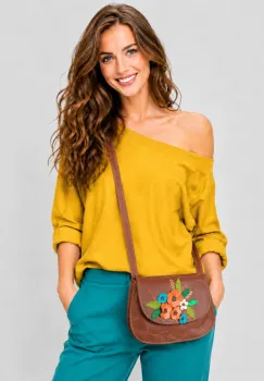 Geanta crossbody handmade, cu maci si flori colorate  ,din piele naturala maro ciocolatiu imagine