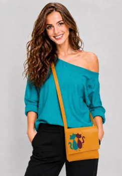 Geanta crossbody handmade, cu note muzicale si pisicute colorate  ,din piele naturala galbena imagine