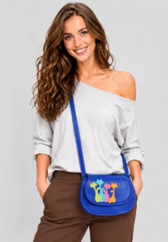 Geanta crossbody handmade, cu pisicute colorate  ,din piele naturala albastru electric imagine
