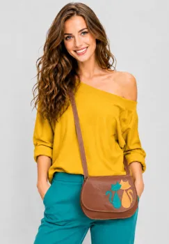 Geanta crossbody handmade, cu pisicute colorate  ,din piele naturala maro imagine