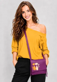 Geanta crossbody handmade, cu pisicute colorate  ,din piele naturala mov imagine