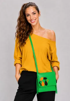Geanta crossbody handmade, cu pisicute colorate  ,din piele naturala verde imagine