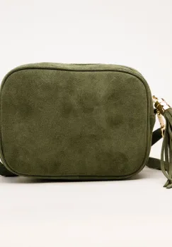 Geanta crossbody kaki din piele intoarsa naturala, cu ciucure din piele imagine