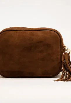 Geanta crossbody maro din piele intoarsa naturala, cu ciucure din piele imagine