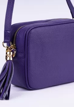 Geanta crossbody mov din piele naturala, cu ciucure din piele imagine