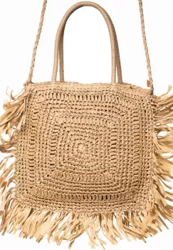 Geanta crossbody patrata mare, impletita cu franjuri mari decorative, bej inchis imagine